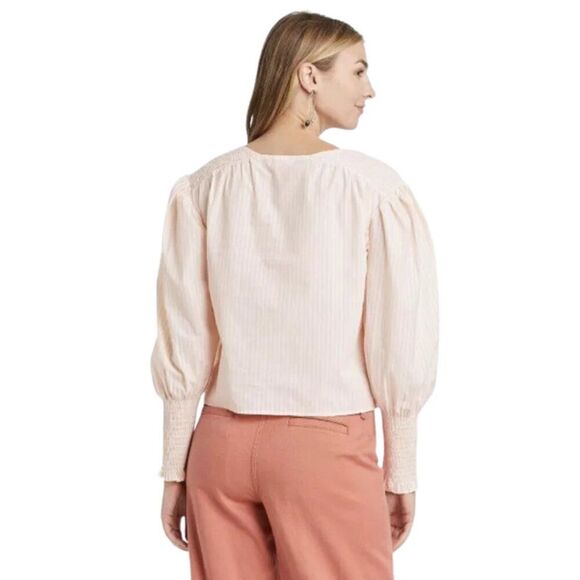 A New Day Women's Peach Striped Long Bishop Sleeve Poplin Top Large - Picture 3 of 11